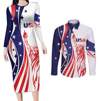 Fourth Of July USA Couples Matching Long Sleeve Bodycon Dress and Long Sleeve Button Shirt American Dream - Statue Of Liberty