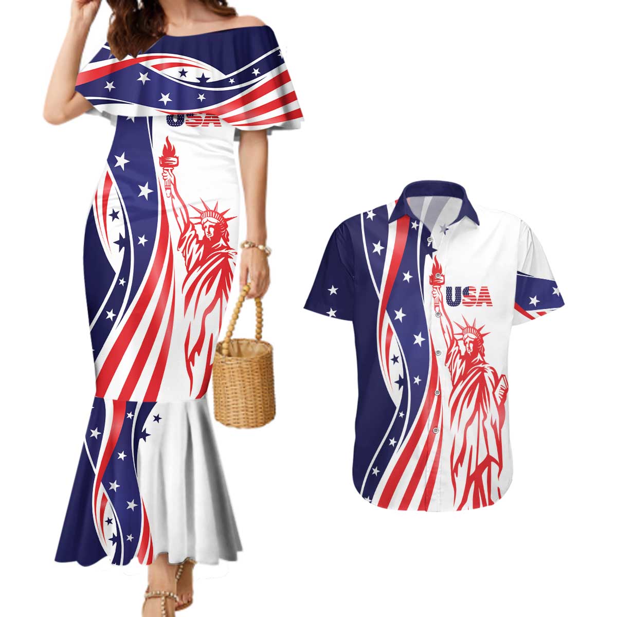 Fourth Of July USA Couples Matching Mermaid Dress and Hawaiian Shirt American Dream - Statue Of Liberty