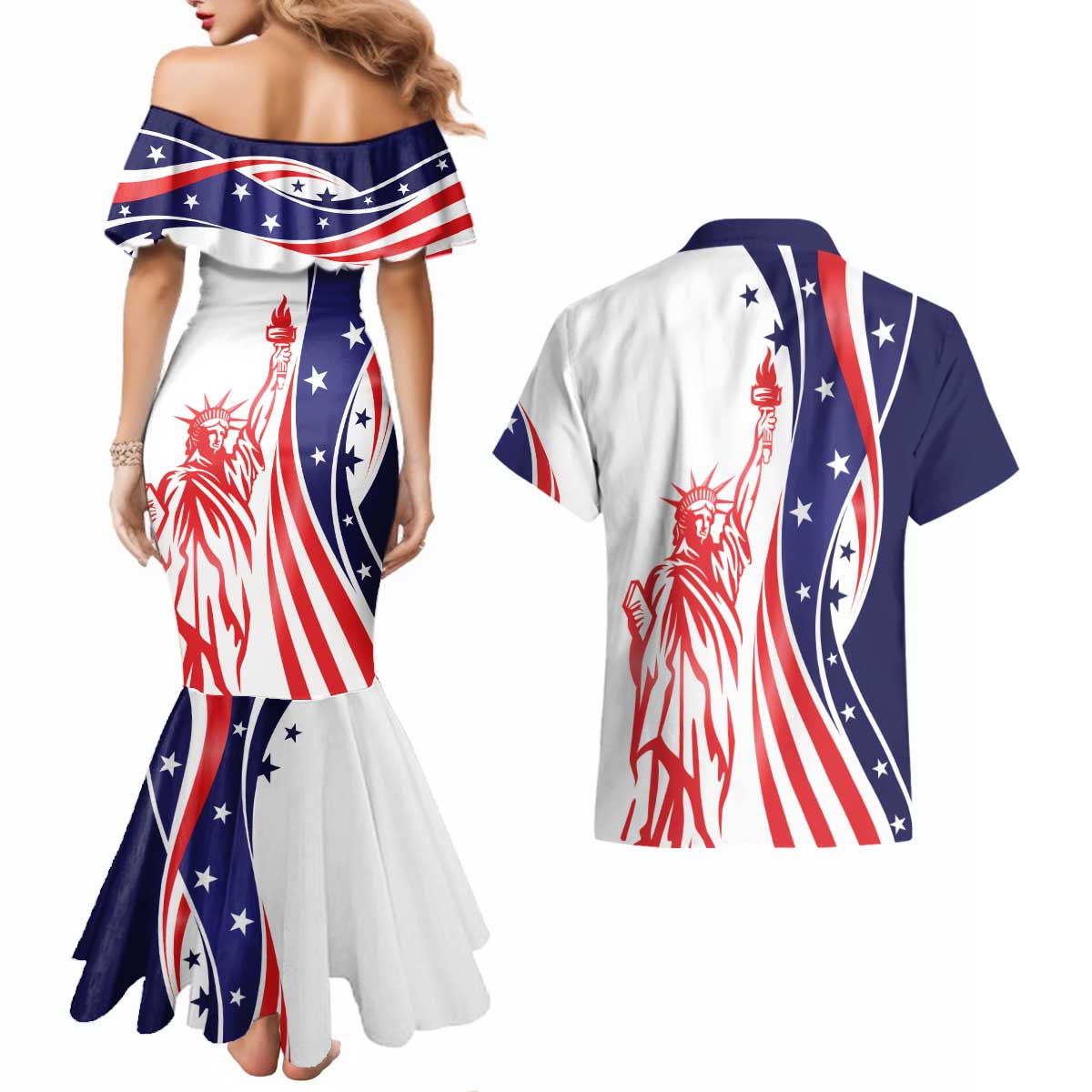 Fourth Of July USA Couples Matching Mermaid Dress and Hawaiian Shirt American Dream - Statue Of Liberty