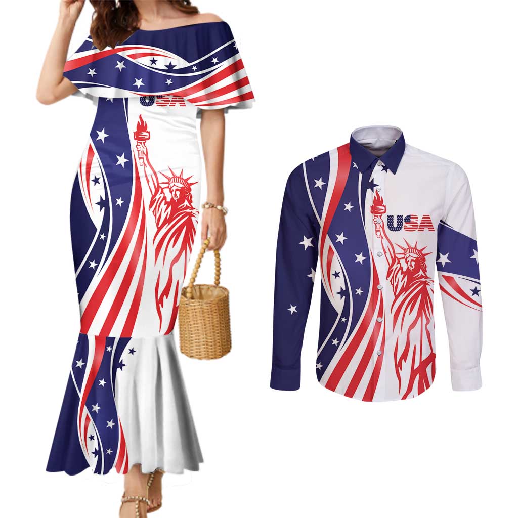 Fourth Of July USA Couples Matching Mermaid Dress and Long Sleeve Button Shirt American Dream - Statue Of Liberty