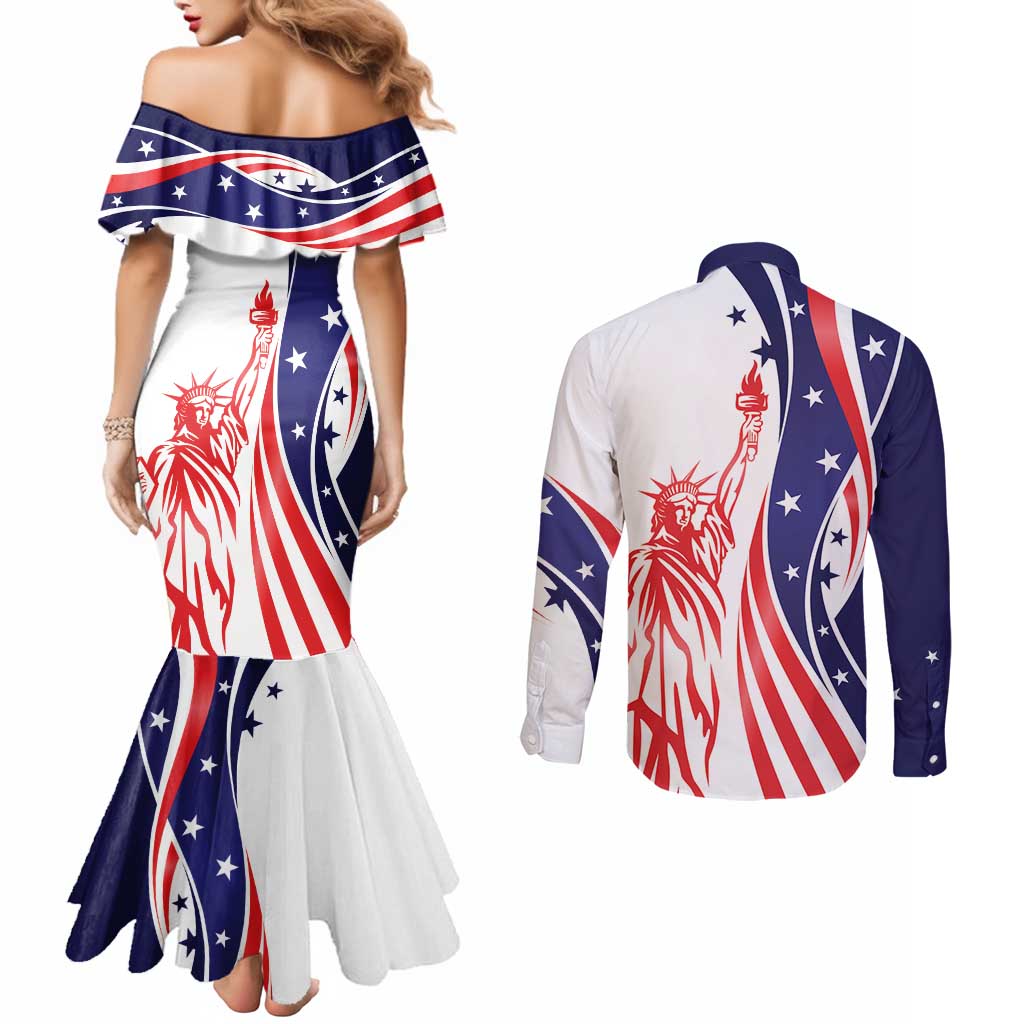 Fourth Of July USA Couples Matching Mermaid Dress and Long Sleeve Button Shirt American Dream - Statue Of Liberty