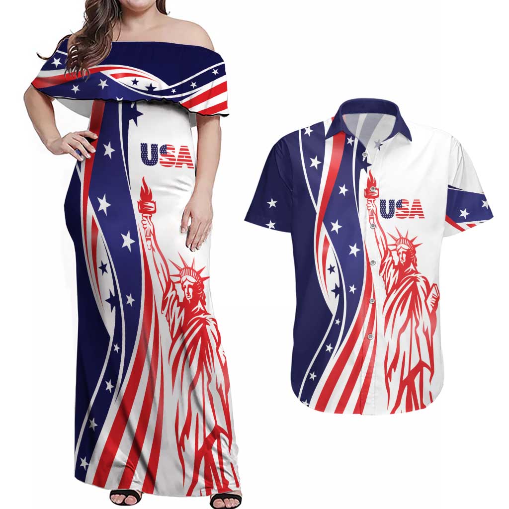 Fourth Of July USA Couples Matching Off Shoulder Maxi Dress and Hawaiian Shirt American Dream - Statue Of Liberty