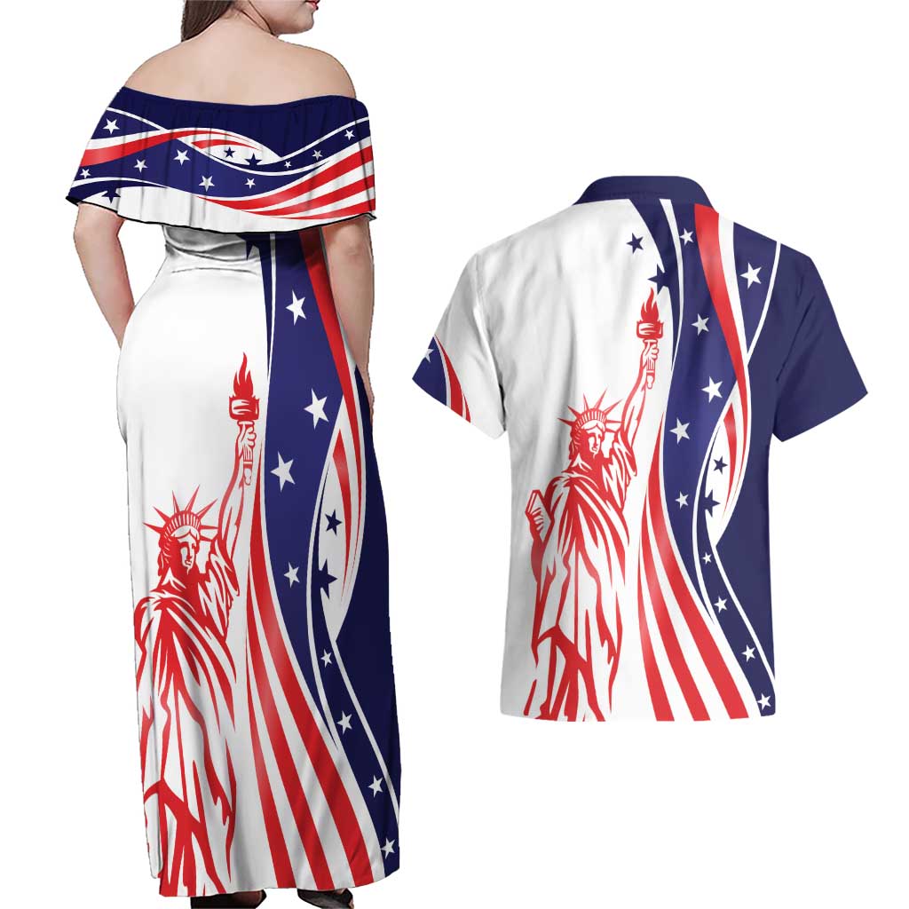 Fourth Of July USA Couples Matching Off Shoulder Maxi Dress and Hawaiian Shirt American Dream - Statue Of Liberty
