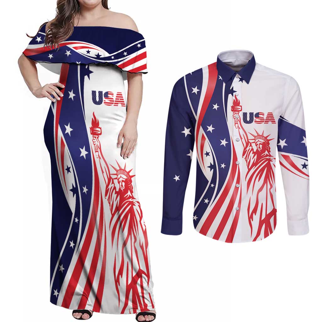 Fourth Of July USA Couples Matching Off Shoulder Maxi Dress and Long Sleeve Button Shirt American Dream - Statue Of Liberty
