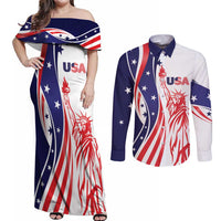 Fourth Of July USA Couples Matching Off Shoulder Maxi Dress and Long Sleeve Button Shirt American Dream - Statue Of Liberty