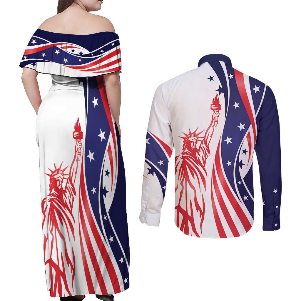 Fourth Of July USA Couples Matching Off Shoulder Maxi Dress and Long Sleeve Button Shirt American Dream - Statue Of Liberty