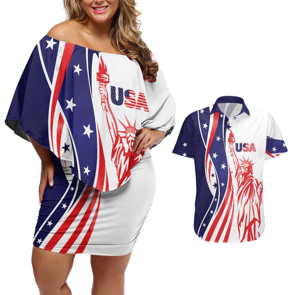 Fourth Of July USA Couples Matching Off Shoulder Short Dress and Hawaiian Shirt American Dream - Statue Of Liberty
