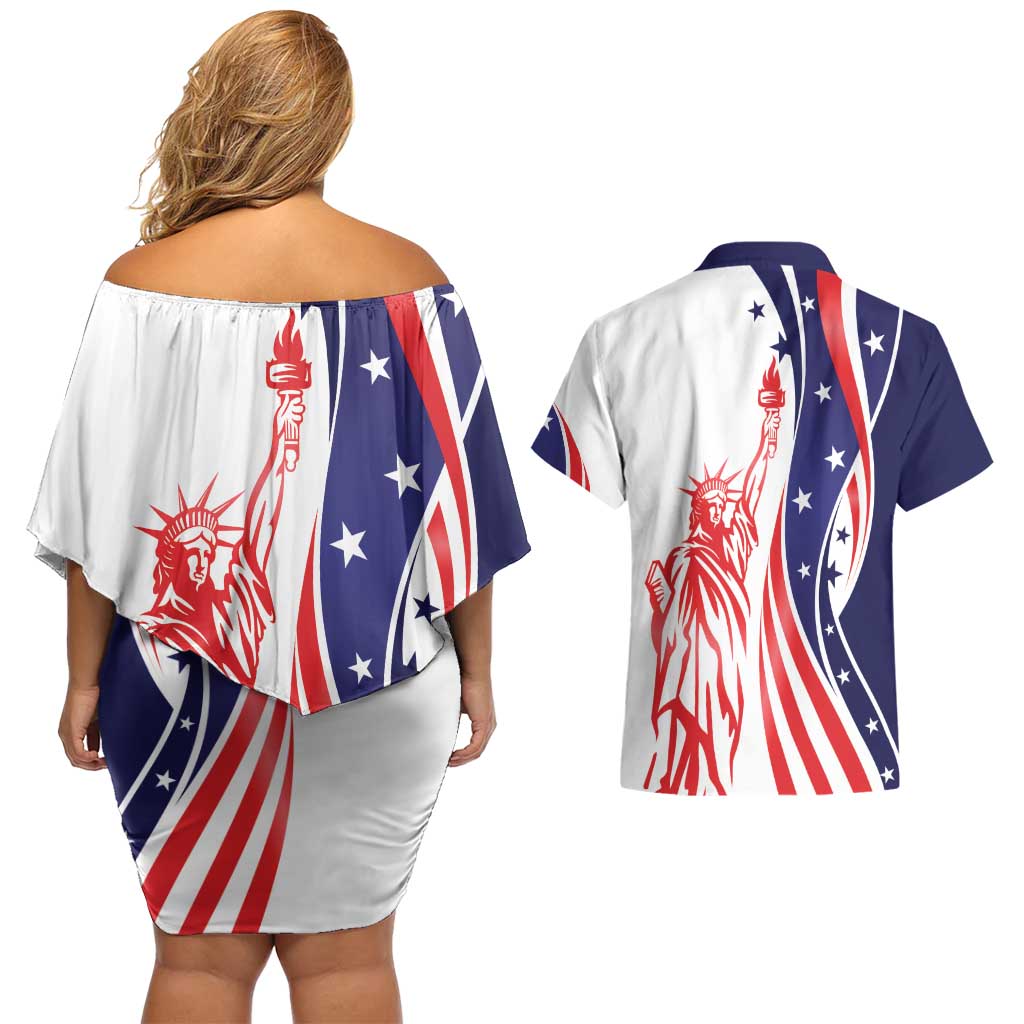 Fourth Of July USA Couples Matching Off Shoulder Short Dress and Hawaiian Shirt American Dream - Statue Of Liberty