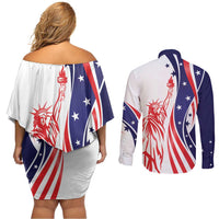 Fourth Of July USA Couples Matching Off Shoulder Short Dress and Long Sleeve Button Shirt American Dream - Statue Of Liberty