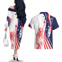Fourth Of July USA Couples Matching Off The Shoulder Long Sleeve Dress and Hawaiian Shirt American Dream - Statue Of Liberty