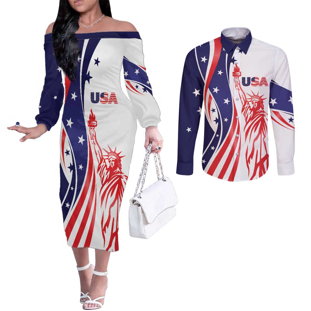Fourth Of July USA Couples Matching Off The Shoulder Long Sleeve Dress and Long Sleeve Button Shirt American Dream - Statue Of Liberty