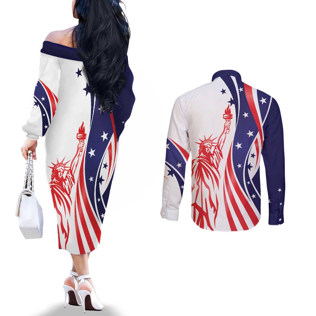 Fourth Of July USA Couples Matching Off The Shoulder Long Sleeve Dress and Long Sleeve Button Shirt American Dream - Statue Of Liberty