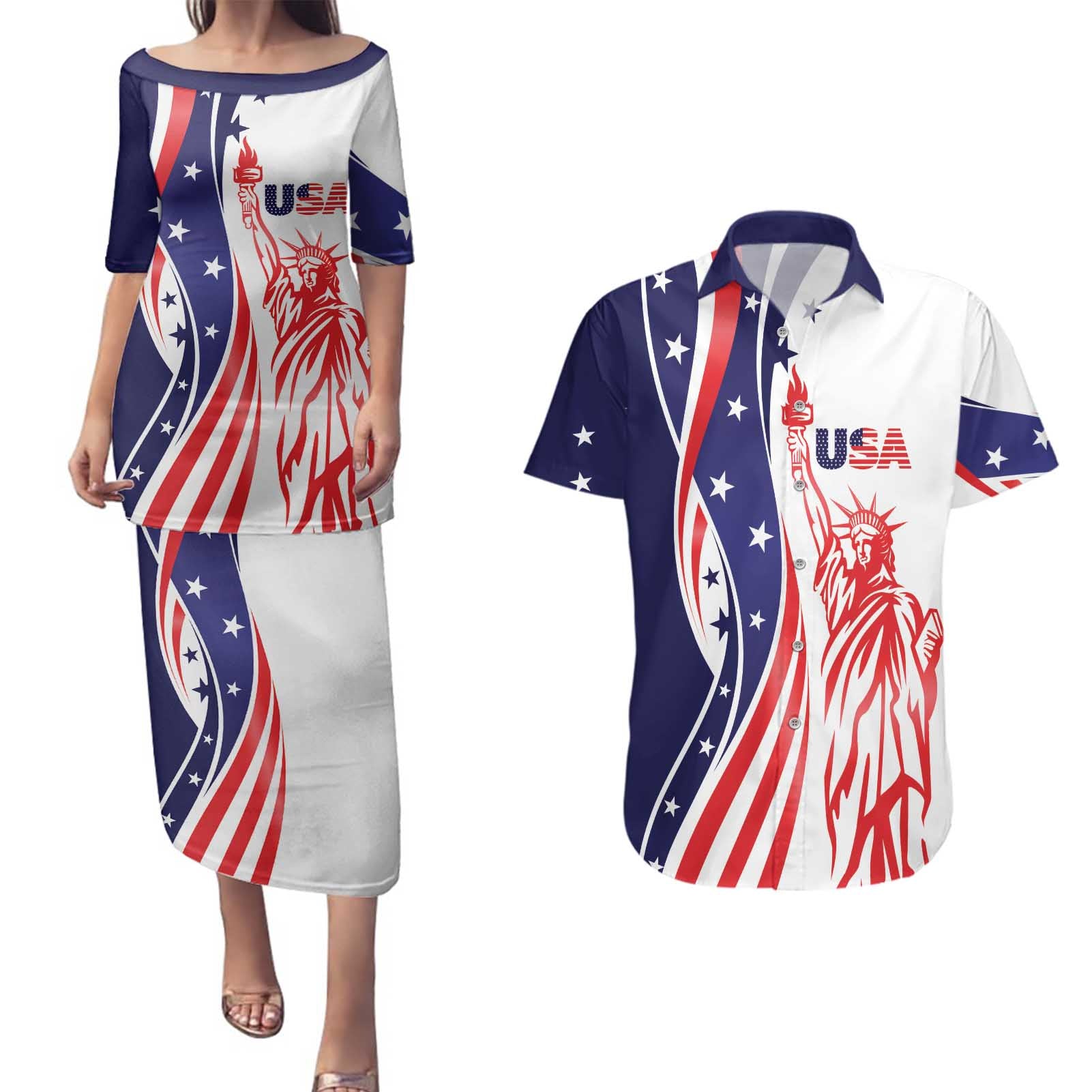 Fourth Of July USA Couples Matching Puletasi and Hawaiian Shirt American Dream - Statue Of Liberty