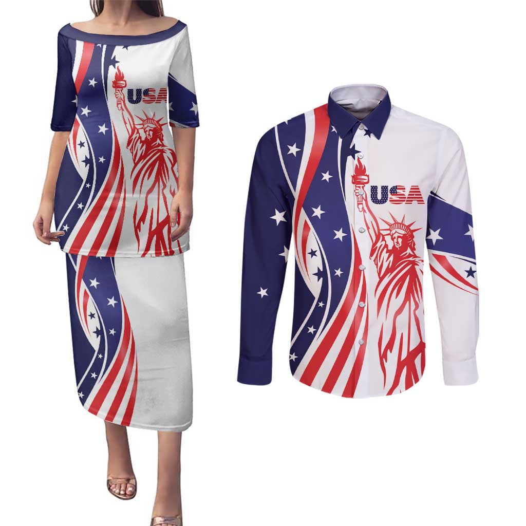 Fourth Of July USA Couples Matching Puletasi and Long Sleeve Button Shirt American Dream - Statue Of Liberty