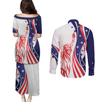 Fourth Of July USA Couples Matching Puletasi and Long Sleeve Button Shirt American Dream - Statue Of Liberty