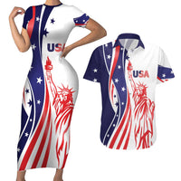 Fourth Of July USA Couples Matching Short Sleeve Bodycon Dress and Hawaiian Shirt American Dream - Statue Of Liberty