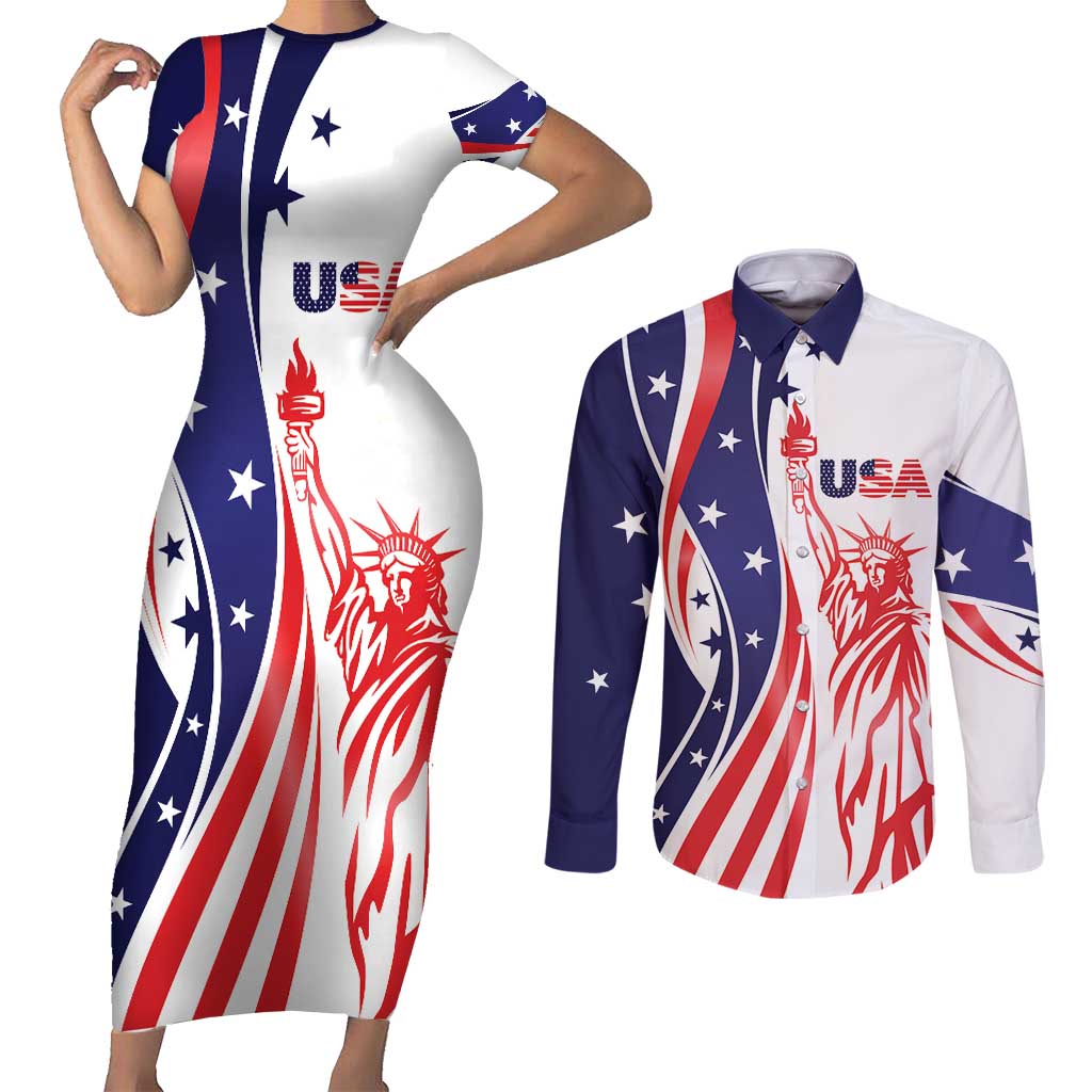 Fourth Of July USA Couples Matching Short Sleeve Bodycon Dress and Long Sleeve Button Shirt American Dream - Statue Of Liberty