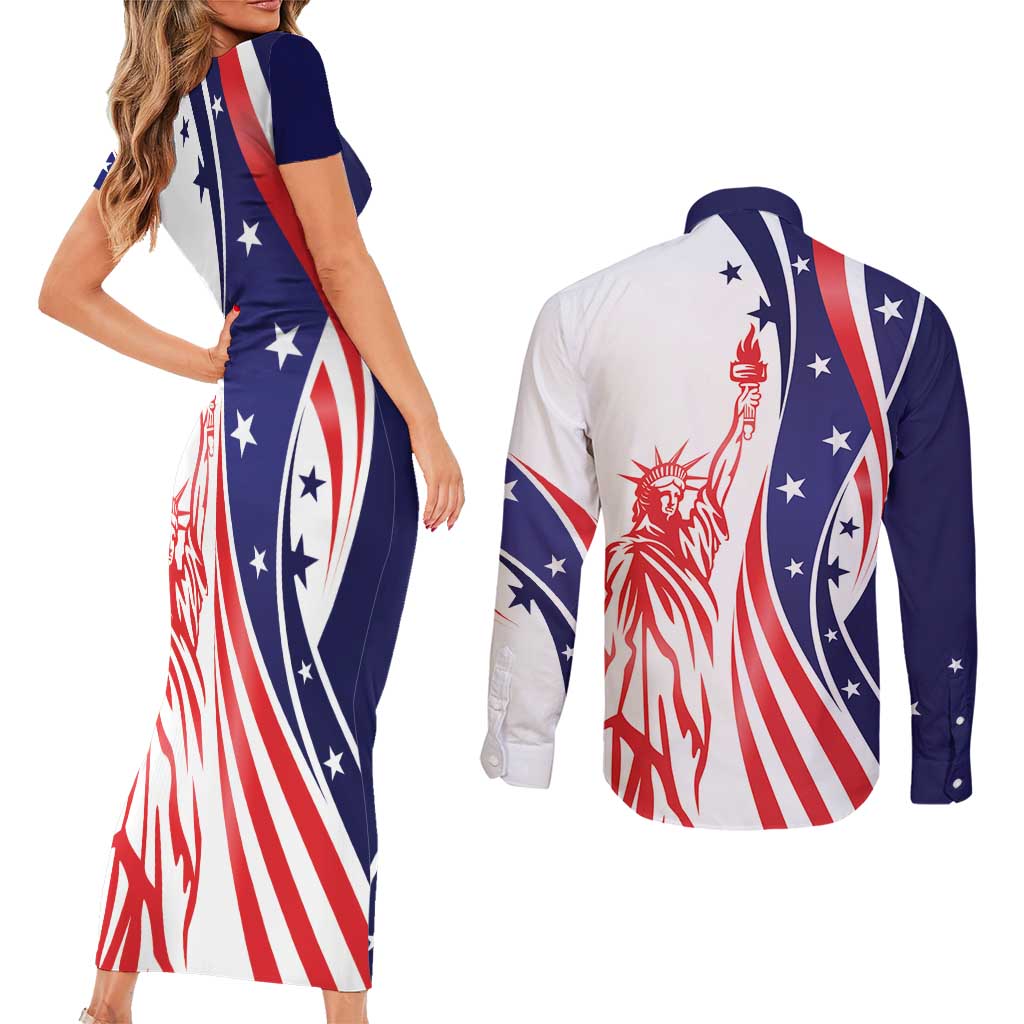Fourth Of July USA Couples Matching Short Sleeve Bodycon Dress and Long Sleeve Button Shirt American Dream - Statue Of Liberty