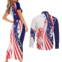 Fourth Of July USA Couples Matching Short Sleeve Bodycon Dress and Long Sleeve Button Shirt American Dream - Statue Of Liberty