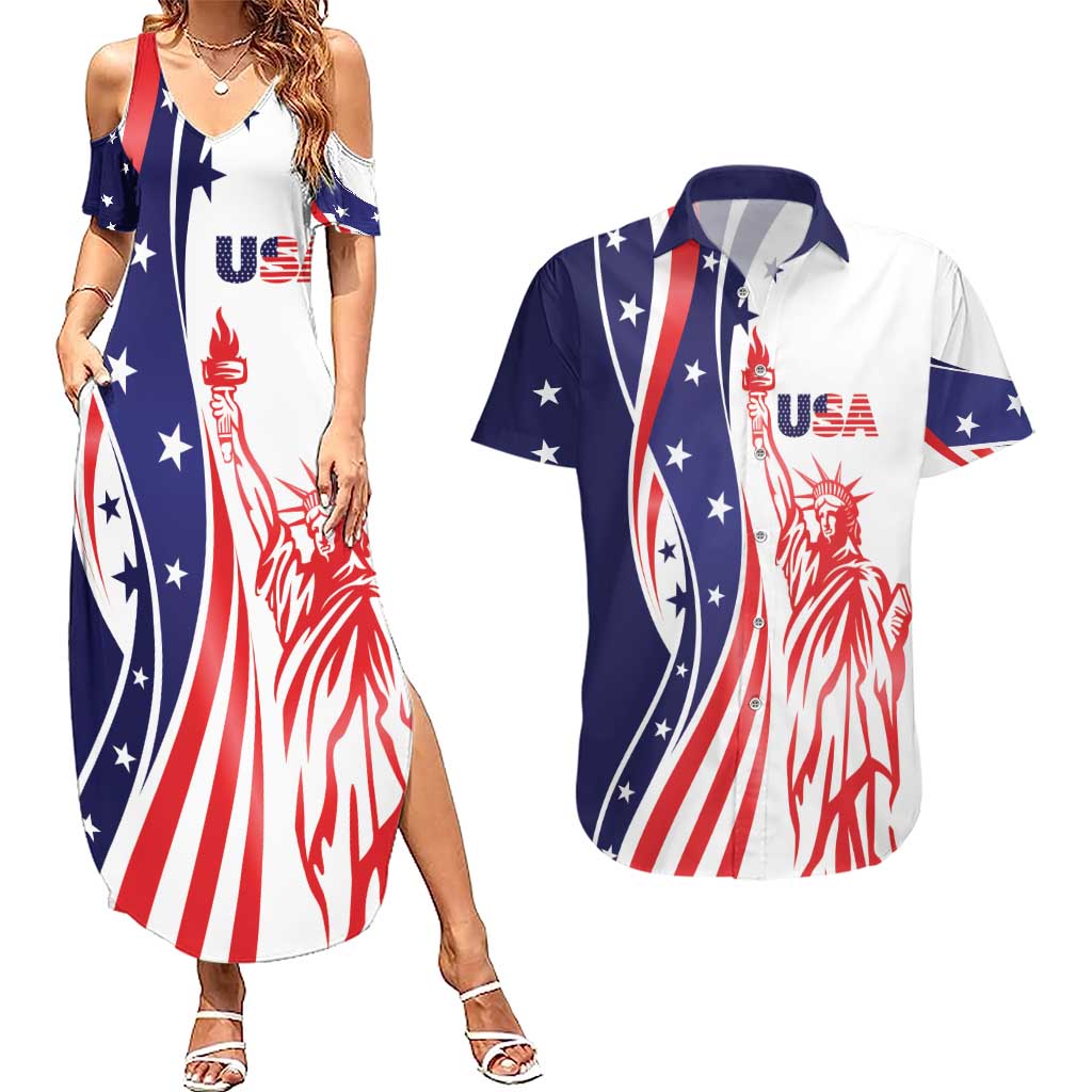 Fourth Of July USA Couples Matching Summer Maxi Dress and Hawaiian Shirt American Dream - Statue Of Liberty