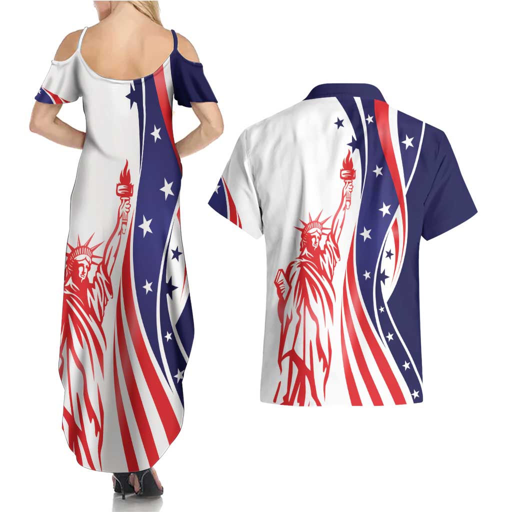 Fourth Of July USA Couples Matching Summer Maxi Dress and Hawaiian Shirt American Dream - Statue Of Liberty