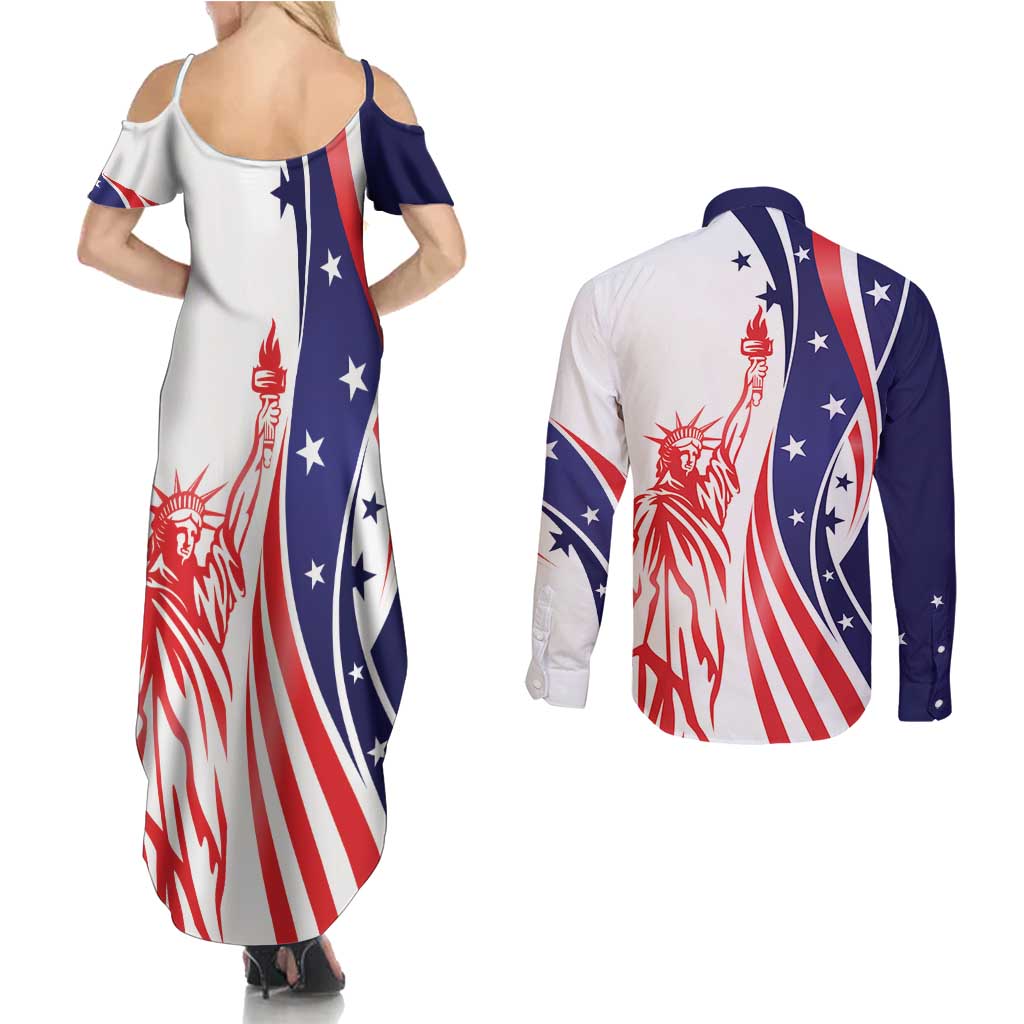 Fourth Of July USA Couples Matching Summer Maxi Dress and Long Sleeve Button Shirt American Dream - Statue Of Liberty