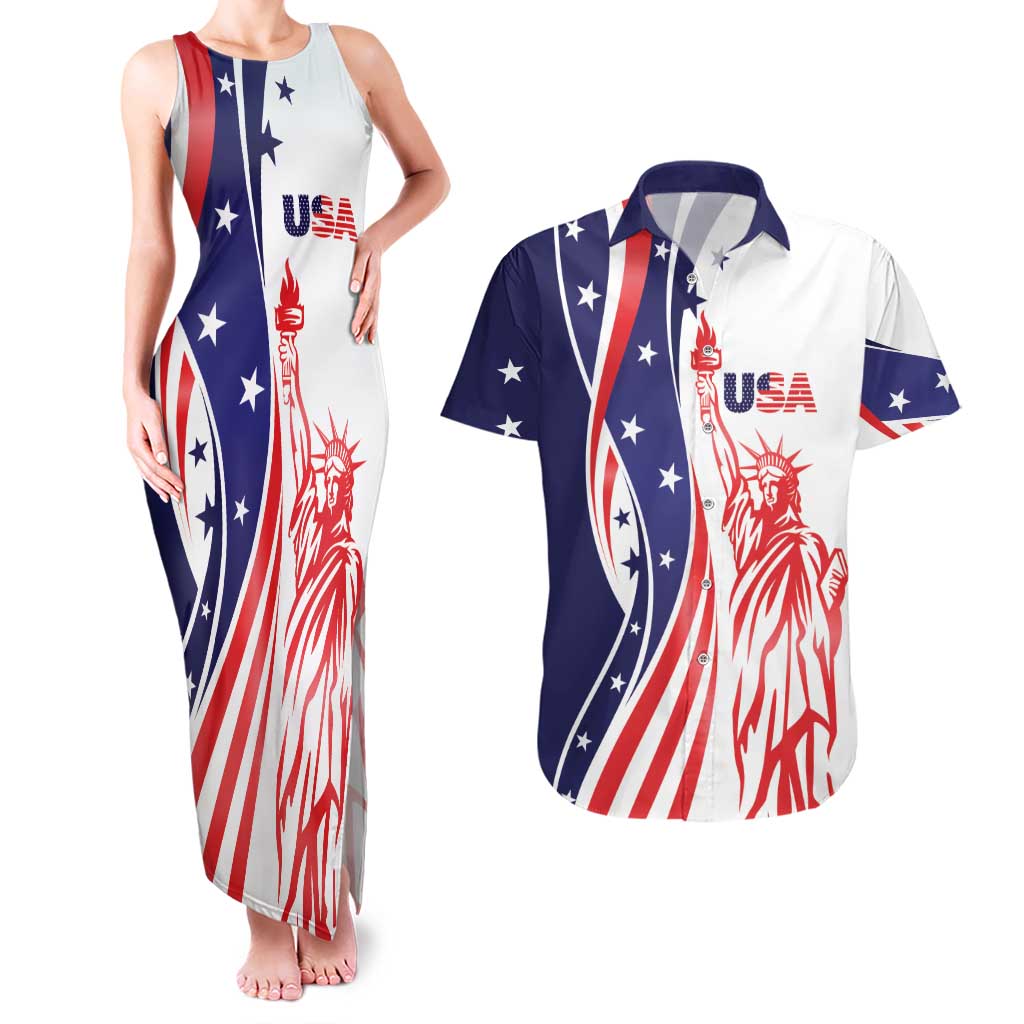Fourth Of July USA Couples Matching Tank Maxi Dress and Hawaiian Shirt American Dream - Statue Of Liberty