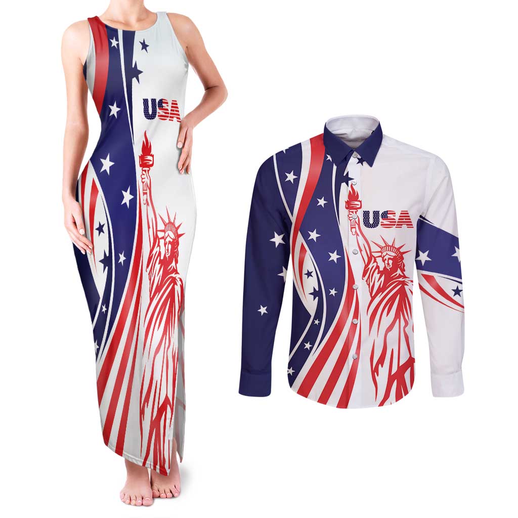 Fourth Of July USA Couples Matching Tank Maxi Dress and Long Sleeve Button Shirt American Dream - Statue Of Liberty