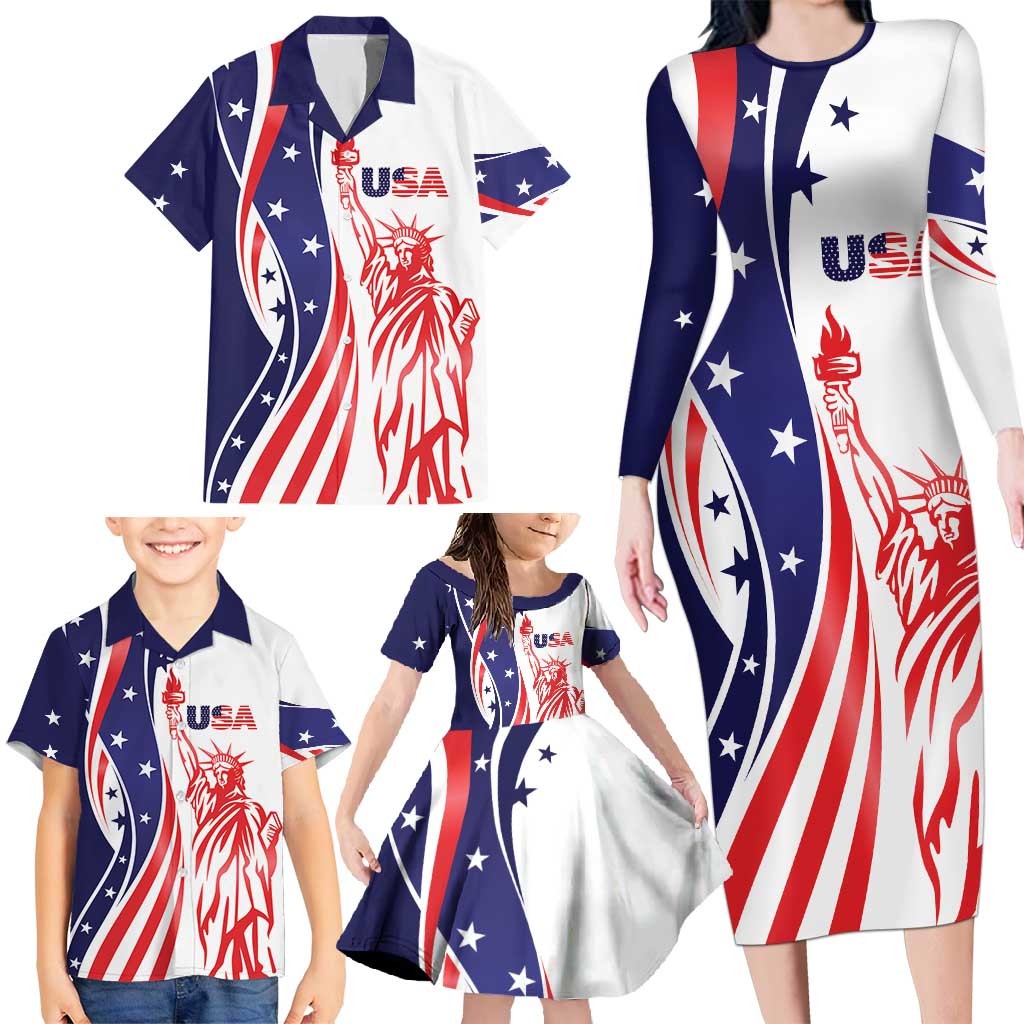 Fourth Of July USA Family Matching Long Sleeve Bodycon Dress and Hawaiian Shirt American Dream - Statue Of Liberty