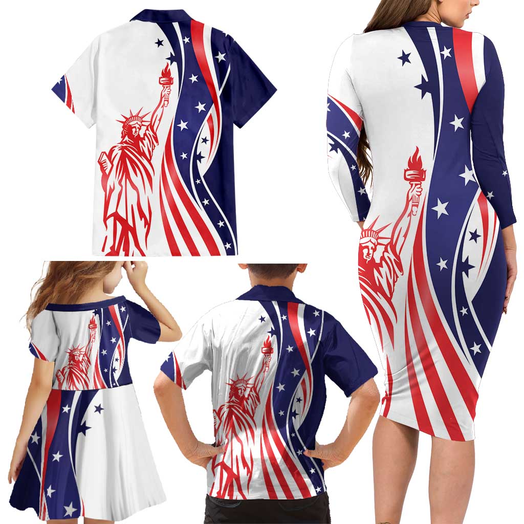 Fourth Of July USA Family Matching Long Sleeve Bodycon Dress and Hawaiian Shirt American Dream - Statue Of Liberty