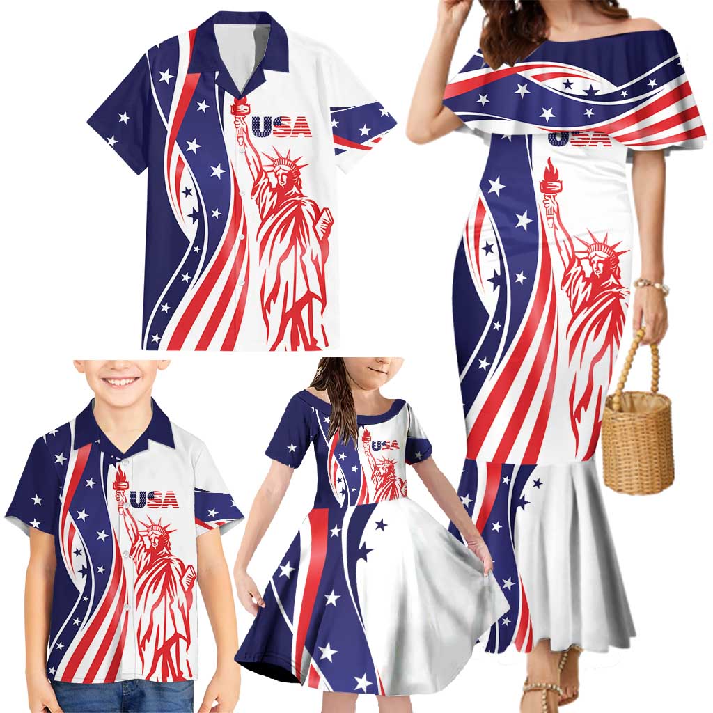 Fourth Of July USA Family Matching Mermaid Dress and Hawaiian Shirt American Dream - Statue Of Liberty
