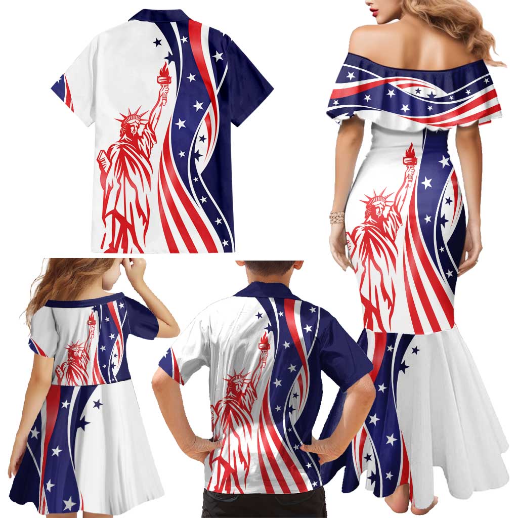 Fourth Of July USA Family Matching Mermaid Dress and Hawaiian Shirt American Dream - Statue Of Liberty