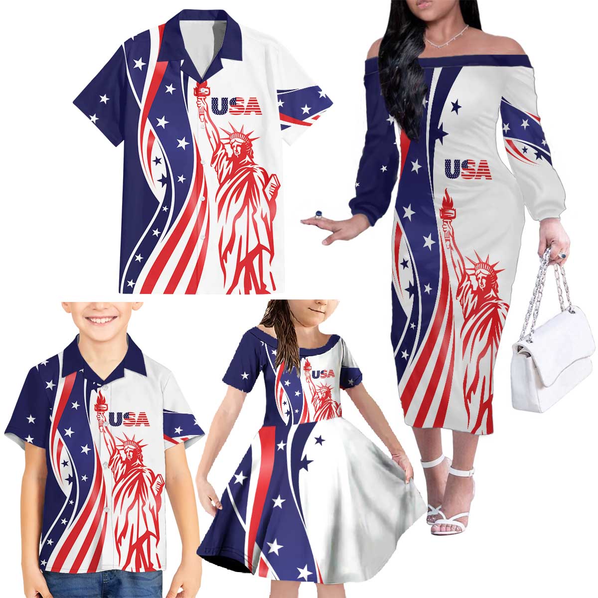 Fourth Of July USA Family Matching Off The Shoulder Long Sleeve Dress and Hawaiian Shirt American Dream - Statue Of Liberty