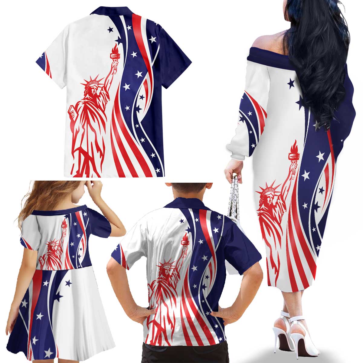 Fourth Of July USA Family Matching Off The Shoulder Long Sleeve Dress and Hawaiian Shirt American Dream - Statue Of Liberty