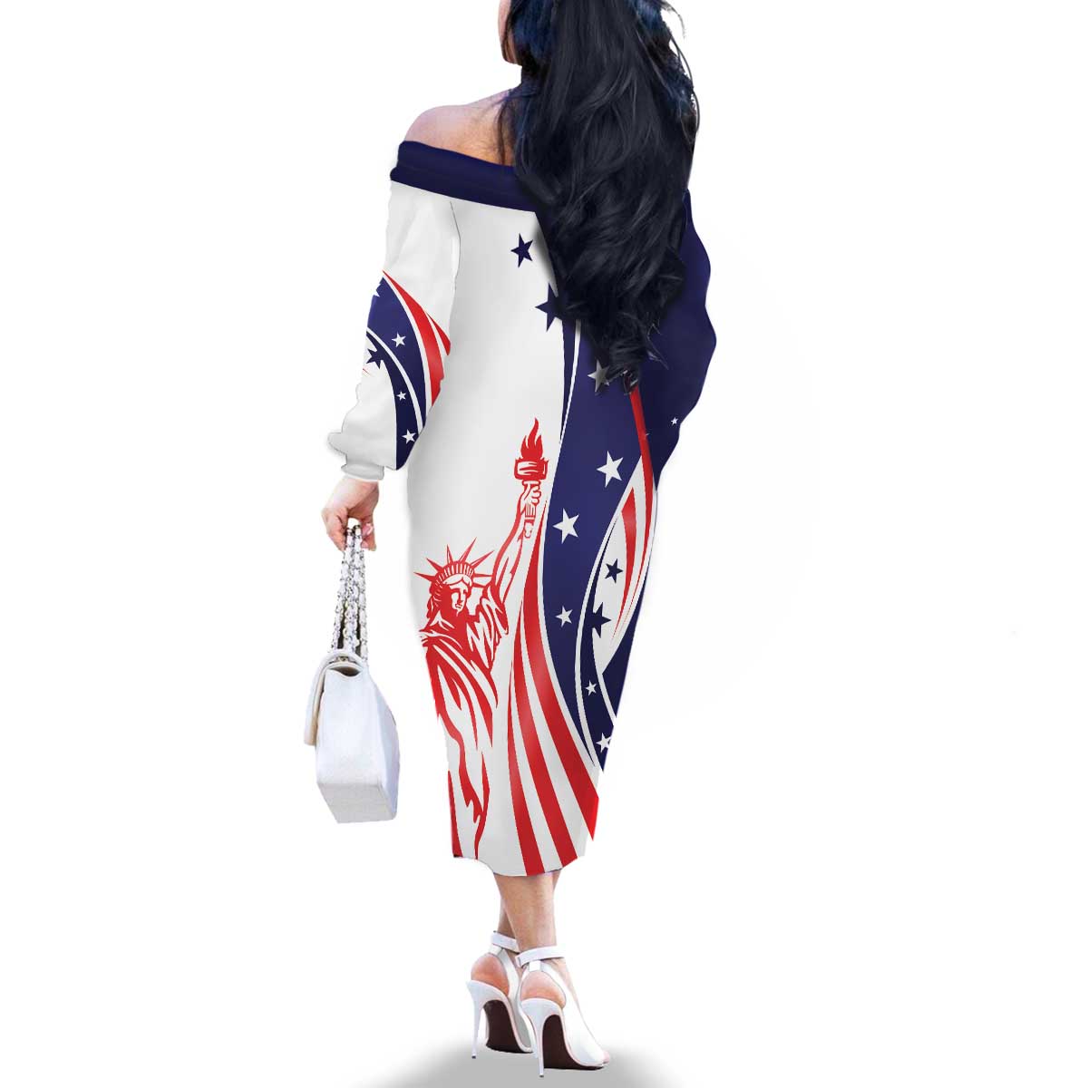 Fourth Of July USA Family Matching Off The Shoulder Long Sleeve Dress and Hawaiian Shirt American Dream - Statue Of Liberty
