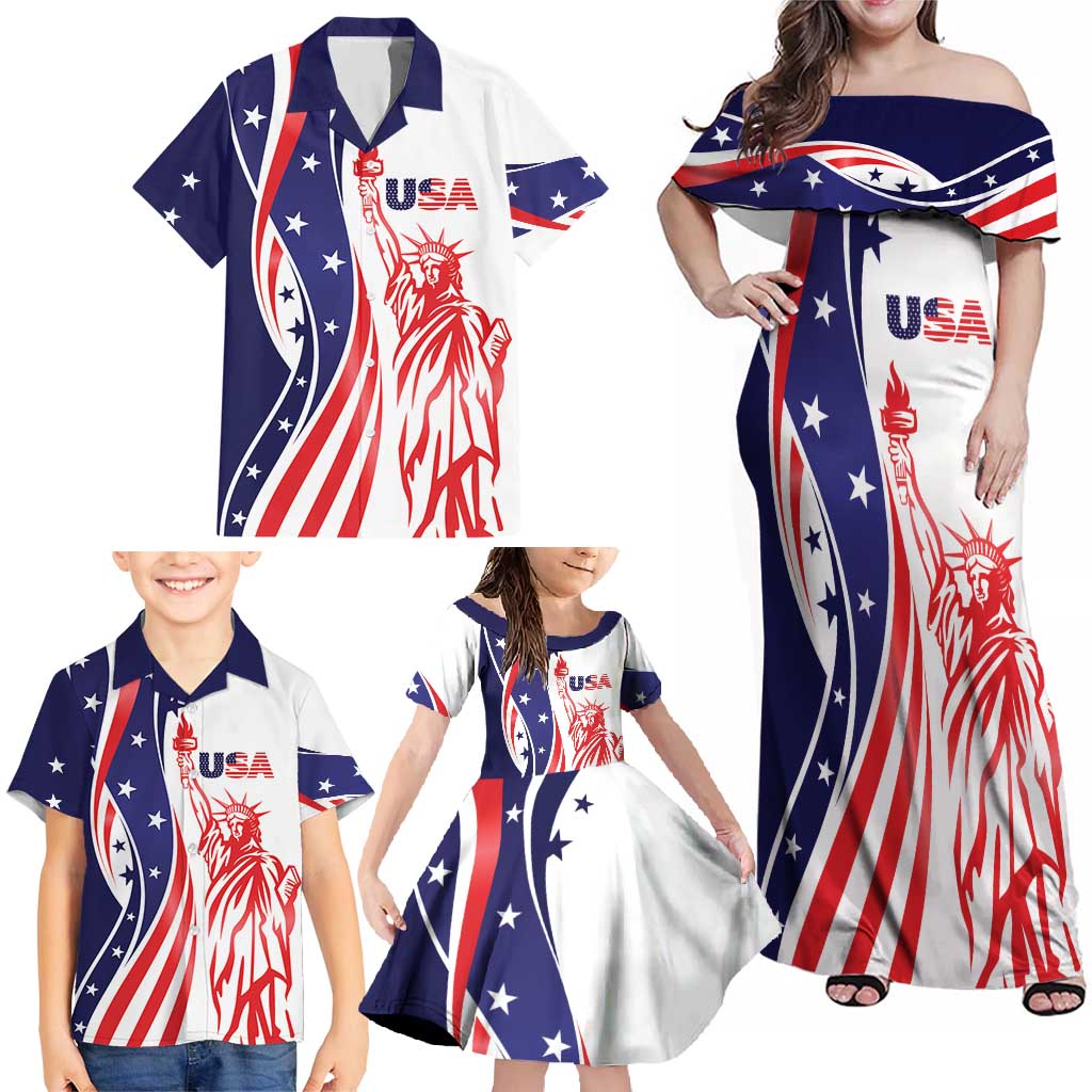 Fourth Of July USA Family Matching Off Shoulder Maxi Dress and Hawaiian Shirt American Dream - Statue Of Liberty