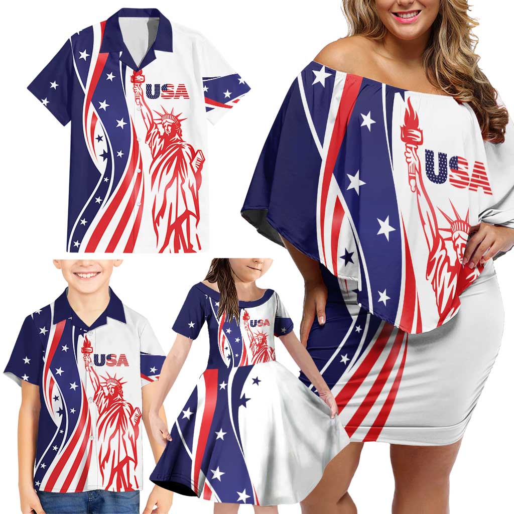 Fourth Of July USA Family Matching Off Shoulder Short Dress and Hawaiian Shirt American Dream - Statue Of Liberty