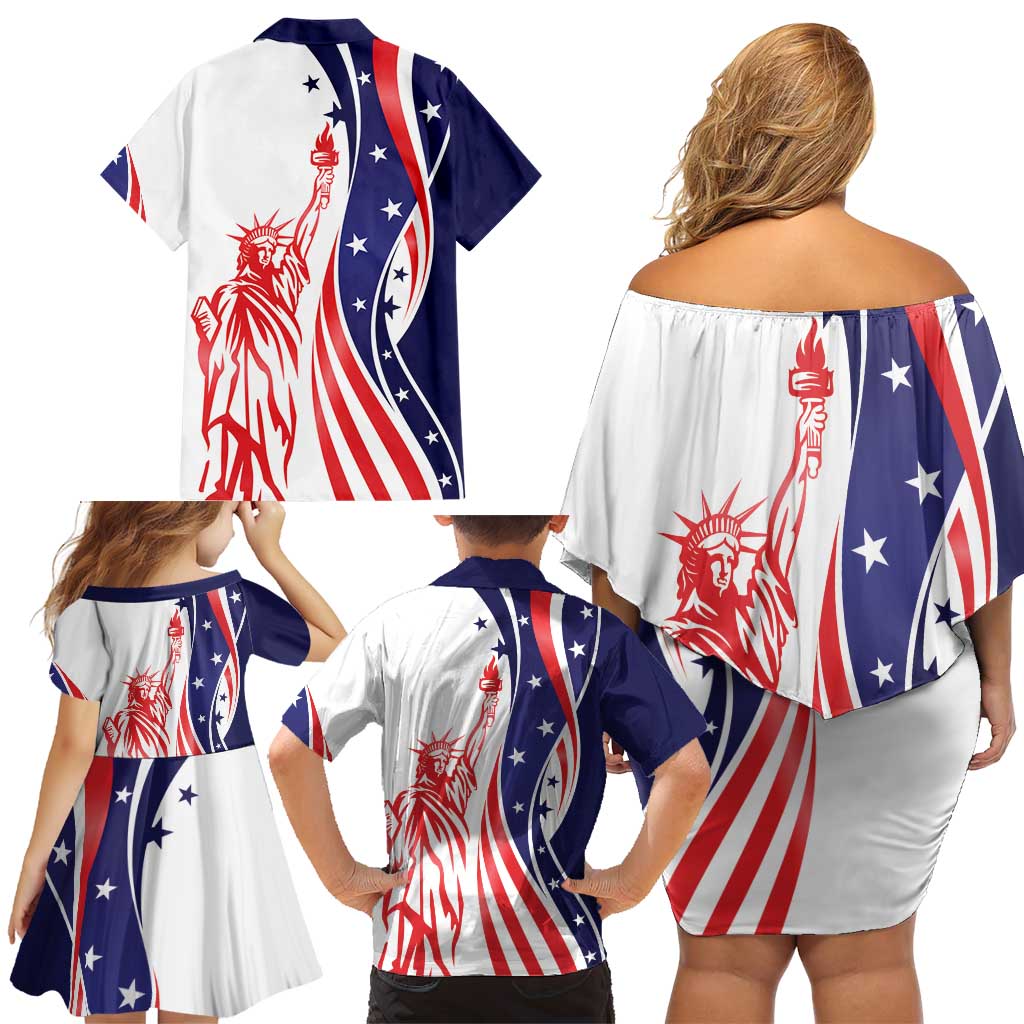 Fourth Of July USA Family Matching Off Shoulder Short Dress and Hawaiian Shirt American Dream - Statue Of Liberty