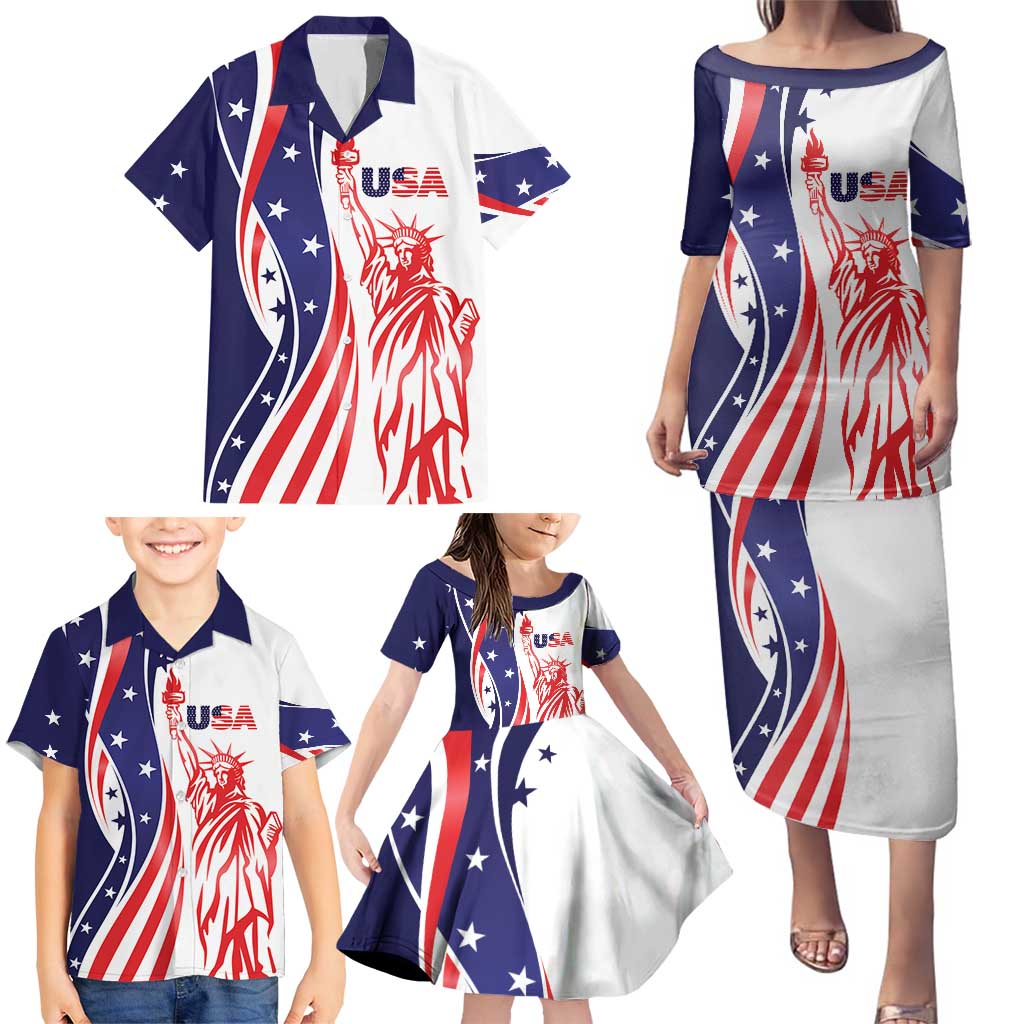 Fourth Of July USA Family Matching Puletasi and Hawaiian Shirt American Dream - Statue Of Liberty