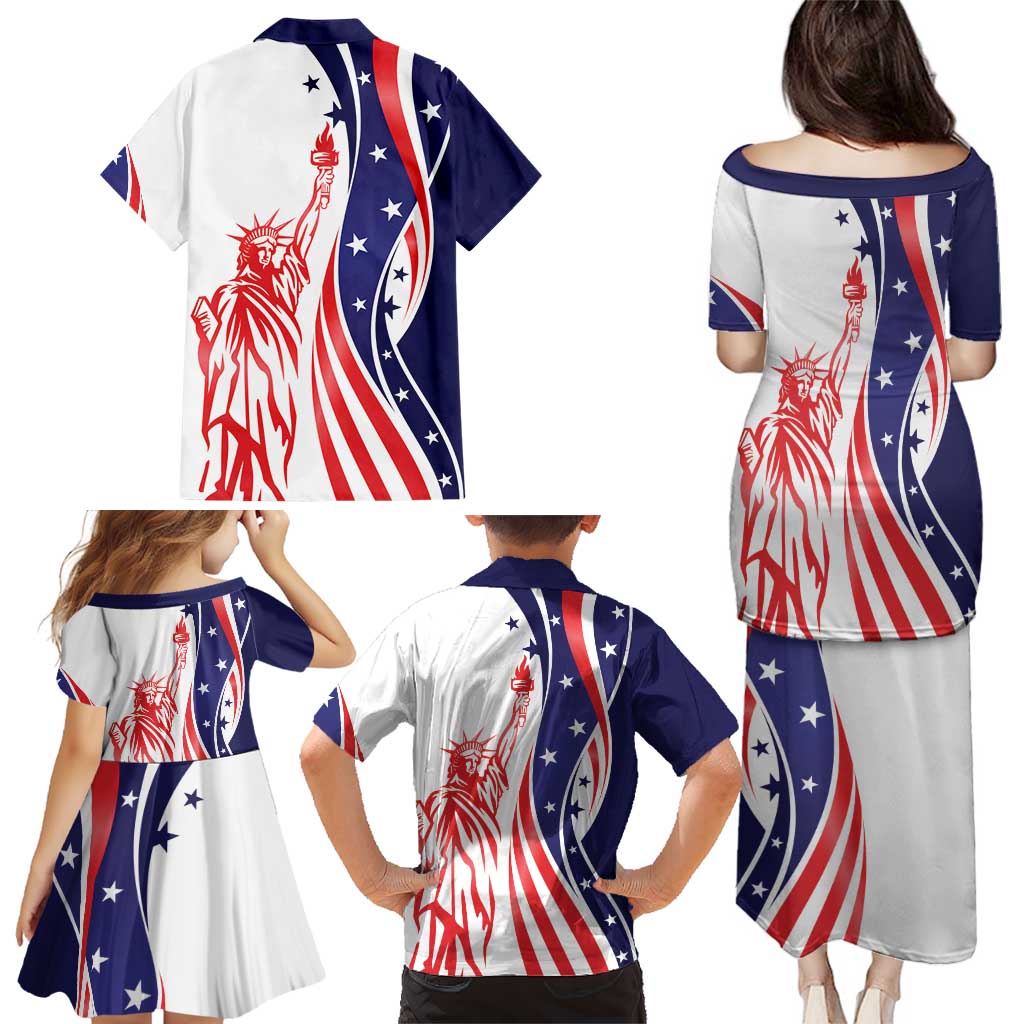 Fourth Of July USA Family Matching Puletasi and Hawaiian Shirt American Dream - Statue Of Liberty