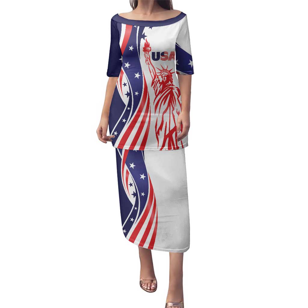 Fourth Of July USA Family Matching Puletasi and Hawaiian Shirt American Dream - Statue Of Liberty