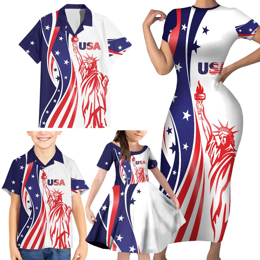 Fourth Of July USA Family Matching Short Sleeve Bodycon Dress and Hawaiian Shirt American Dream - Statue Of Liberty
