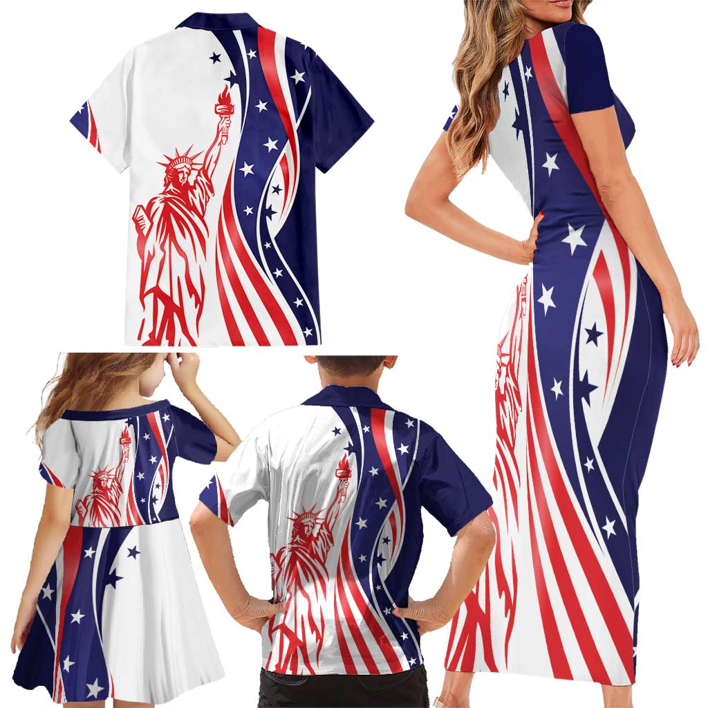Fourth Of July USA Family Matching Short Sleeve Bodycon Dress and Hawaiian Shirt American Dream - Statue Of Liberty