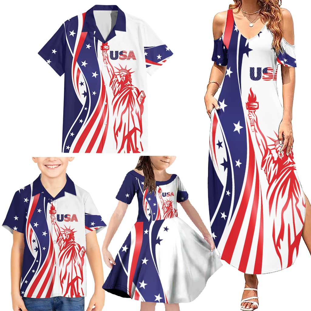 Fourth Of July USA Family Matching Summer Maxi Dress and Hawaiian Shirt American Dream - Statue Of Liberty