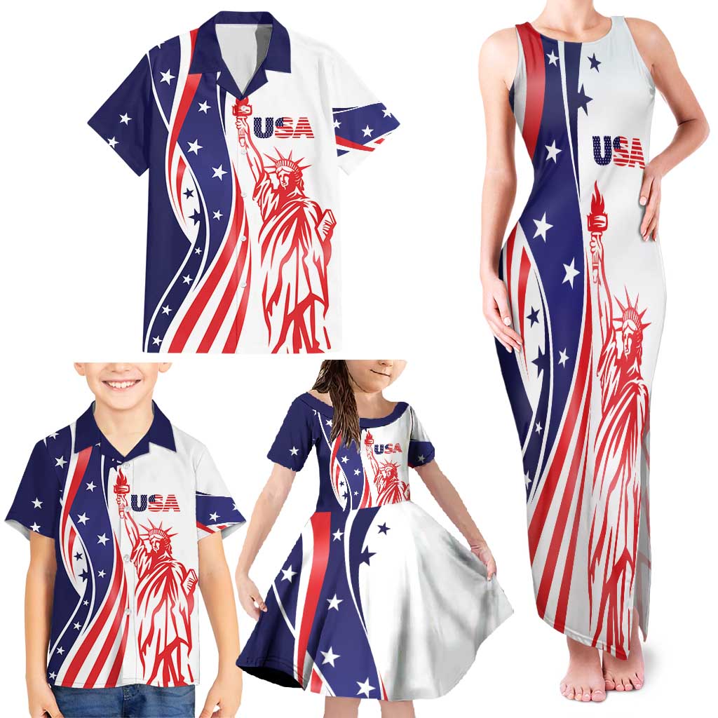 Fourth Of July USA Family Matching Tank Maxi Dress and Hawaiian Shirt American Dream - Statue Of Liberty