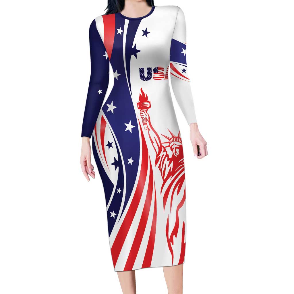 Fourth Of July USA Long Sleeve Bodycon Dress American Dream - Statue Of Liberty