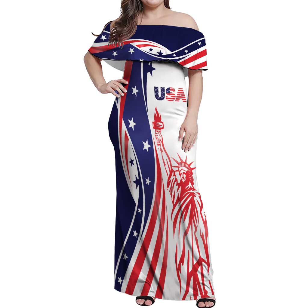 Fourth Of July USA Off Shoulder Maxi Dress American Dream - Statue Of Liberty