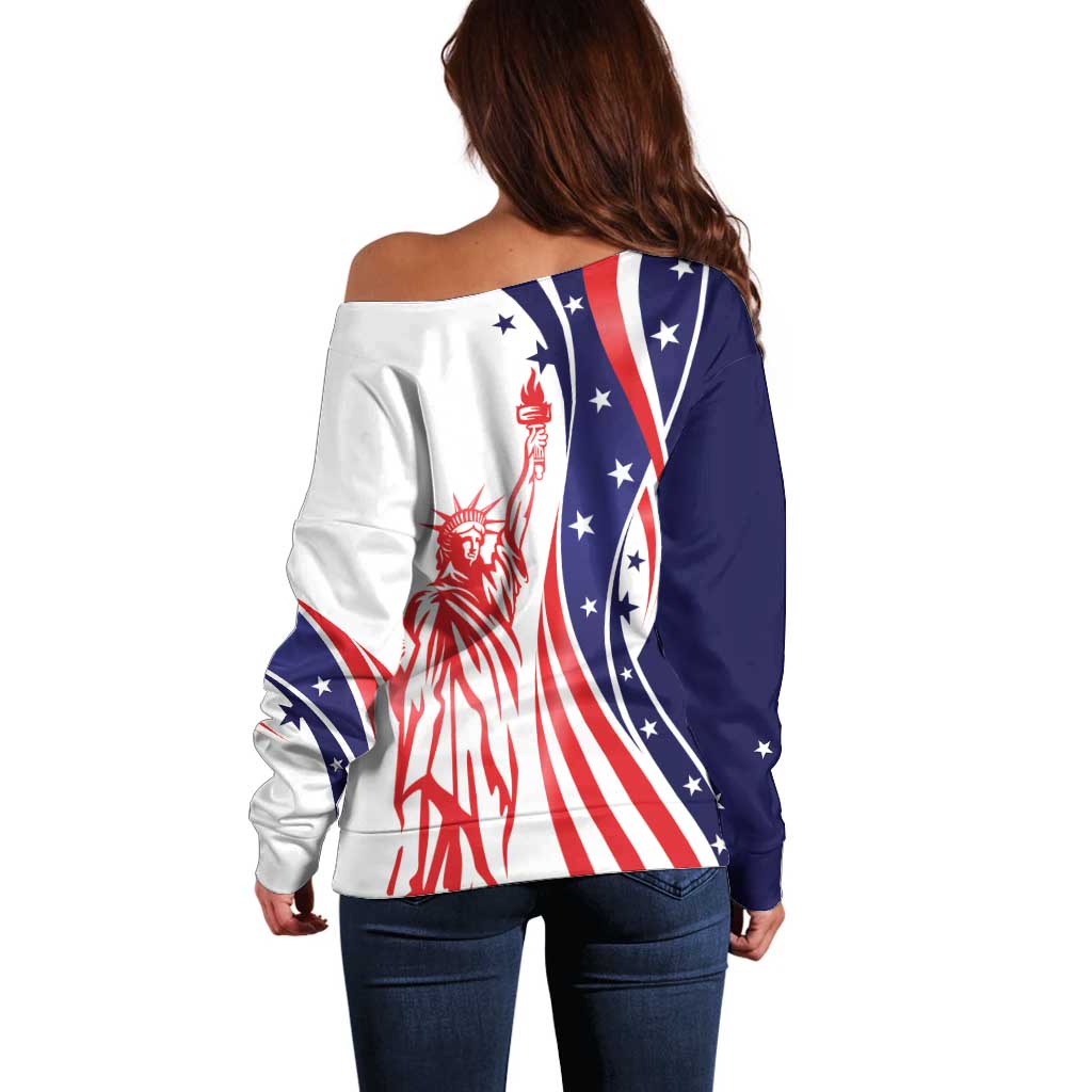 Fourth Of July USA Off Shoulder Sweater American Dream - Statue Of Liberty