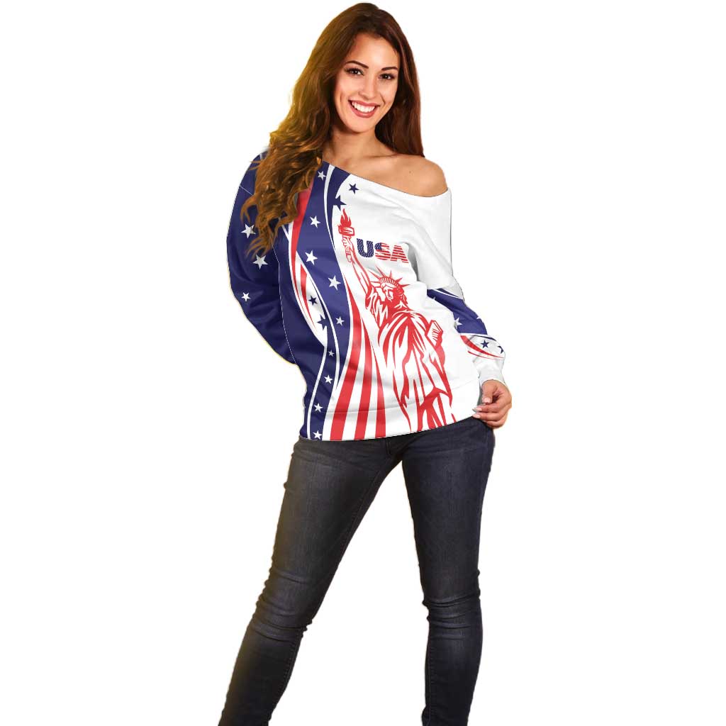 Fourth Of July USA Off Shoulder Sweater American Dream - Statue Of Liberty