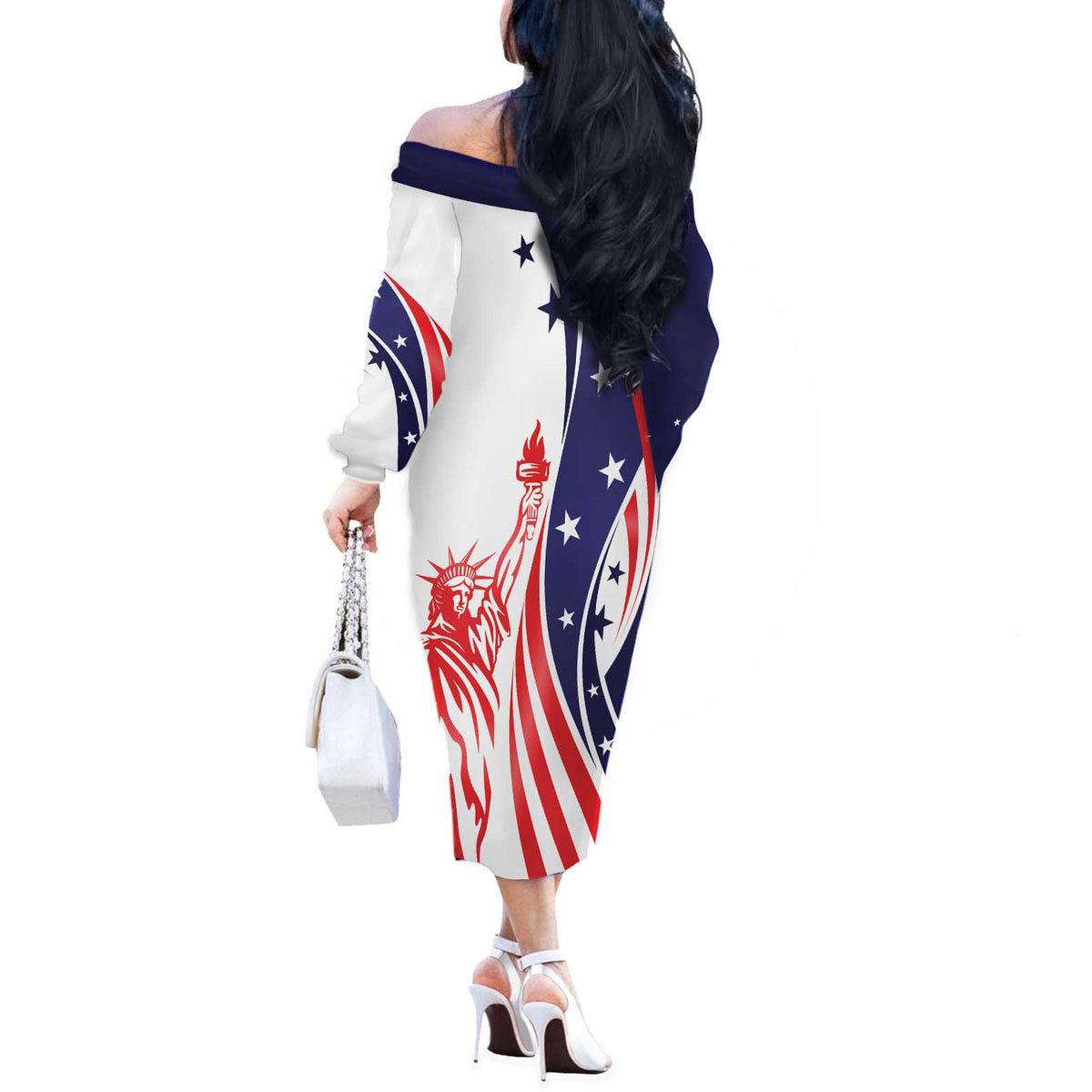 Fourth Of July USA Off The Shoulder Long Sleeve Dress American Dream - Statue Of Liberty